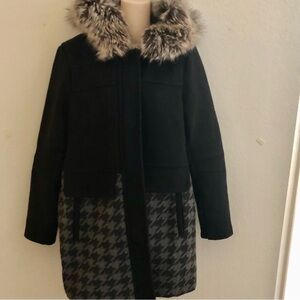 BCBGeneration Black and Gray Trench Coat with Faux Fur Trim